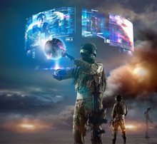 Soldiers walking in war-zone seeing holographic earth and information