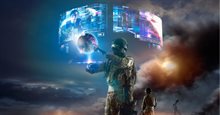 Soldiers walking in war-zone seeing holographic earth and information